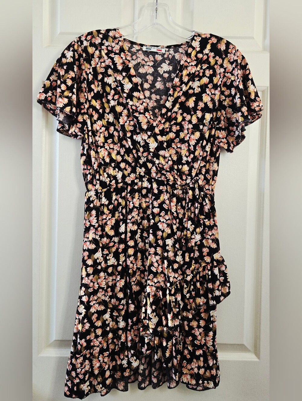 Women's Black Floral Flutter Sleeve Wrap Dress with Red, Gold and Cream Accents